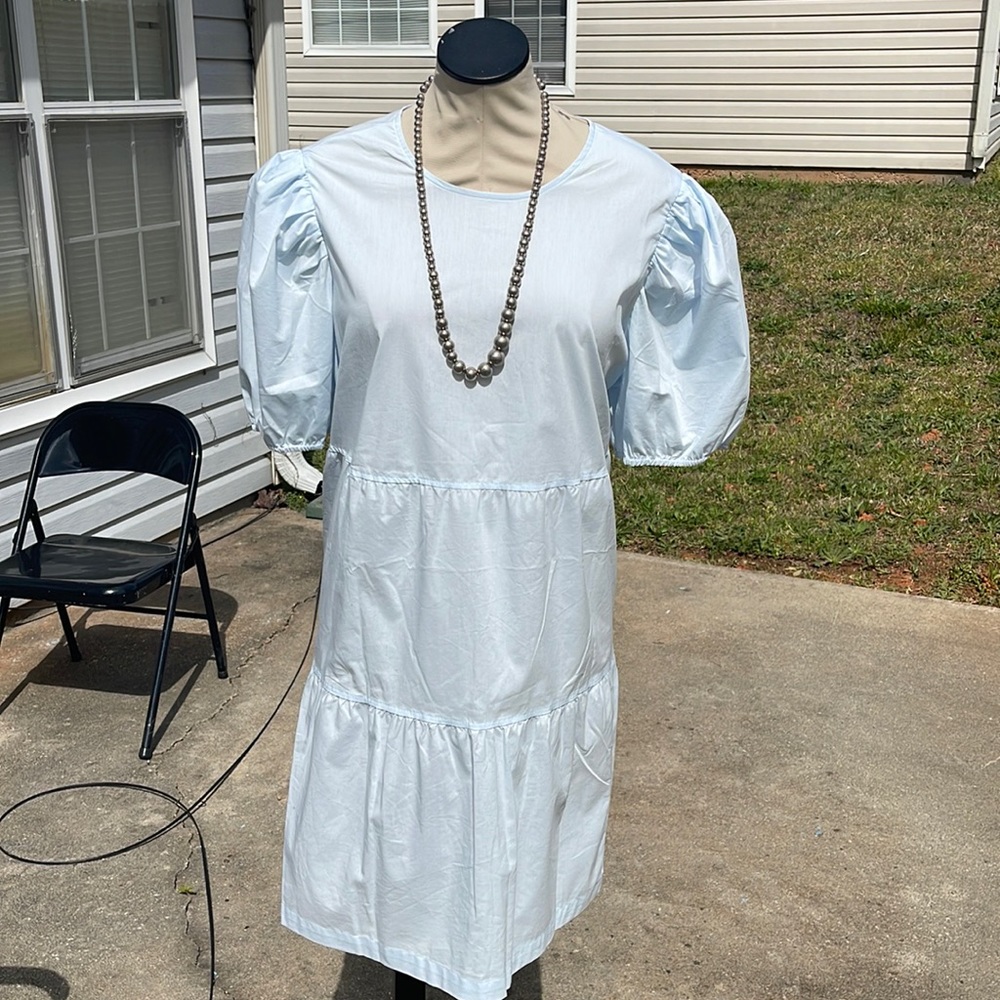 Express Puff Sleeve tiered trapeze ballad blue dress with pockets xl (NWT)